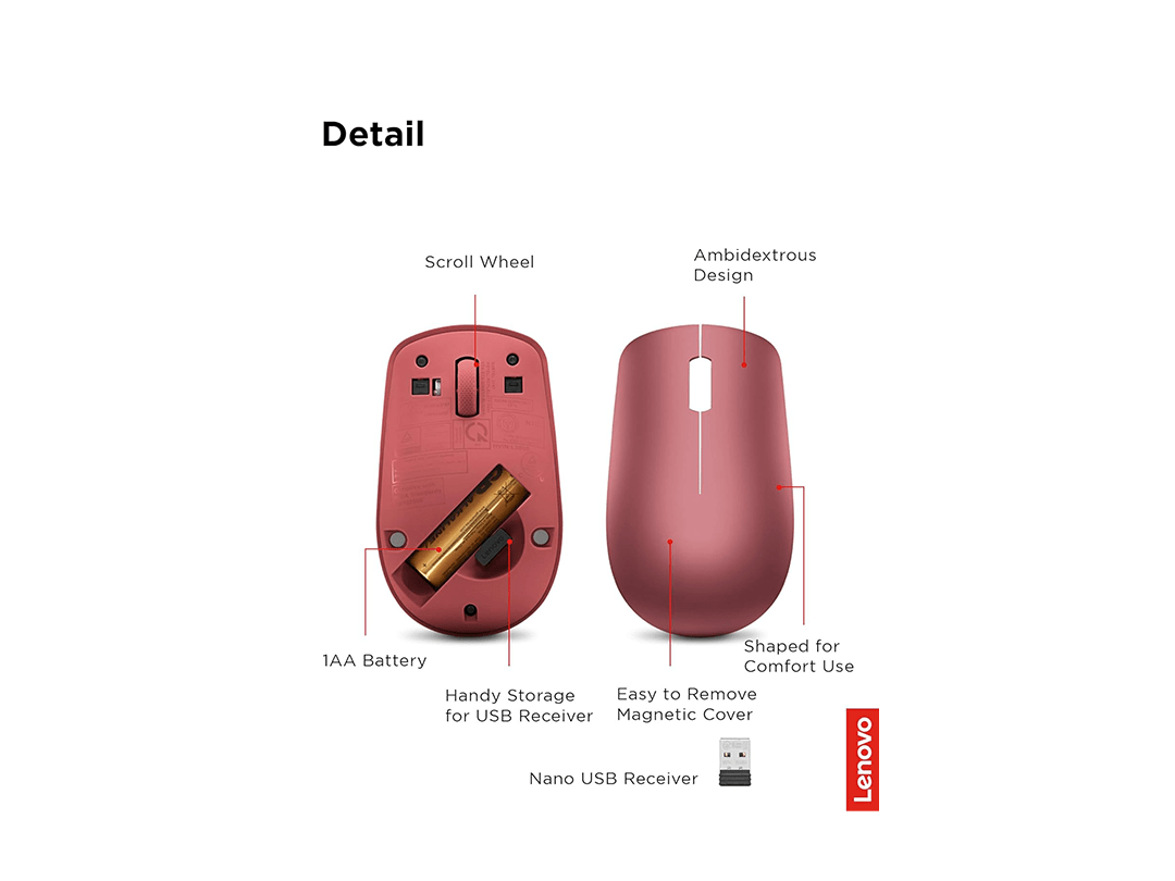 Lenovo 530 Wireless Mouse - Cherry Red in Qatar Lenovo 530 Wireless Mouse - Cherry Red in Qatar